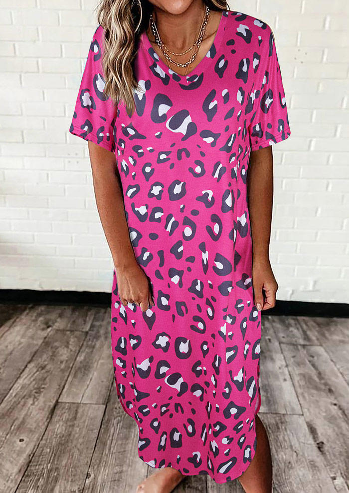 Leopard Short Sleeve O-Neck Slit Maxi Dress