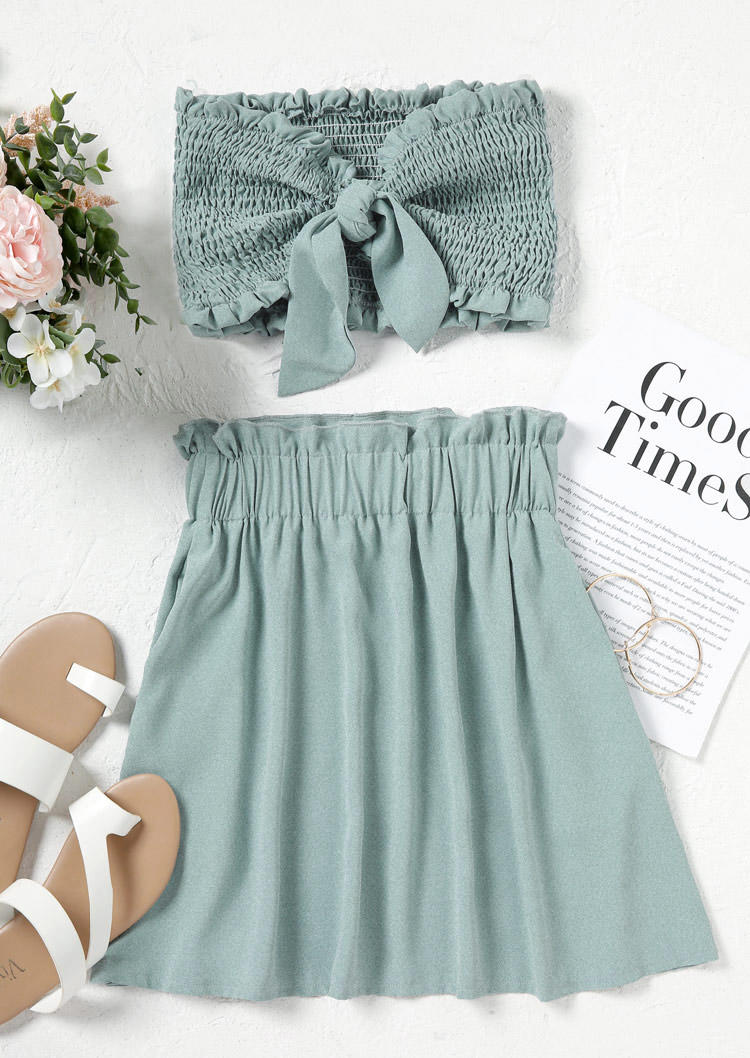 

Two-piece Dresses Ruffled Smocked Strapless Crop Top And Mini Skirt Outfit - Light Green in Green. Size: L,M,,XL
