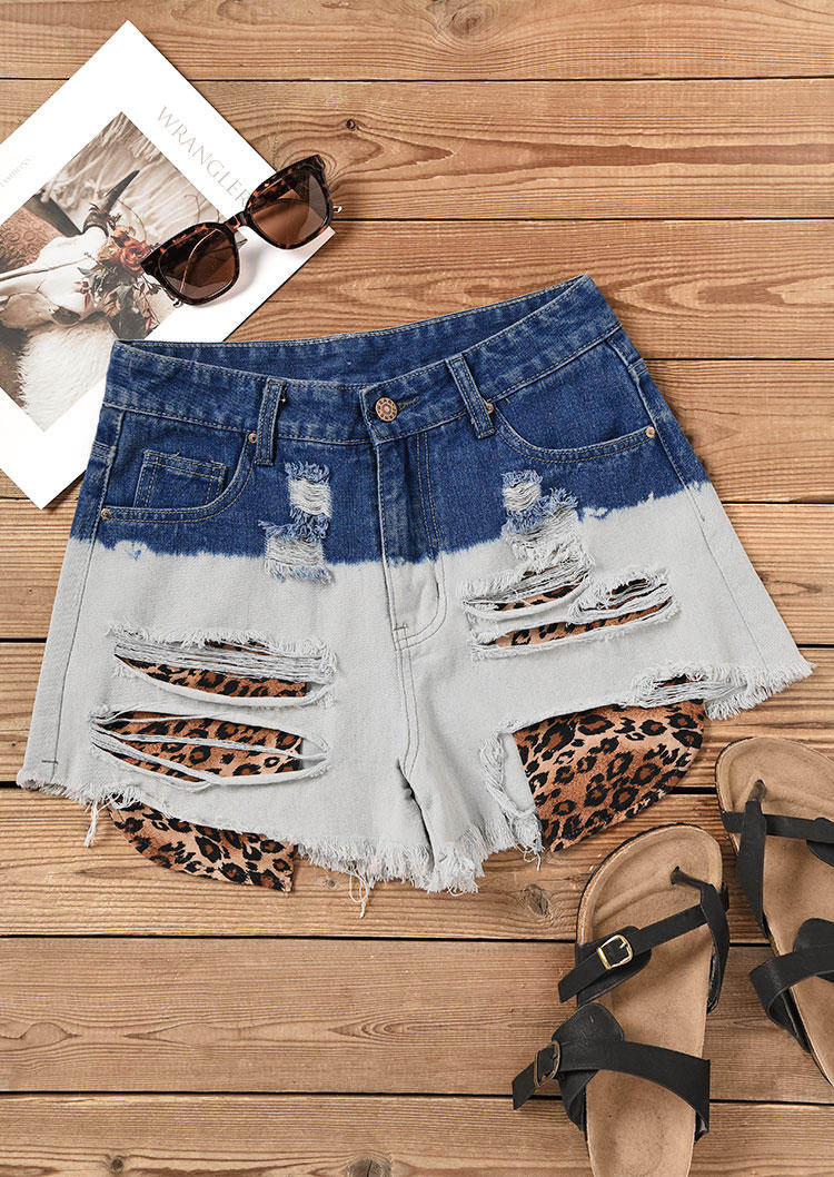 

Shorts Leopard Color Block Pocket Button Ripped Hole Denim Shorts in Multicolor. Size: L,M,,XL