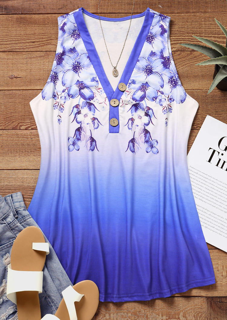 

Tank Tops Floral Gradient Button Tank Top in Blue. Size: L,M,,XL