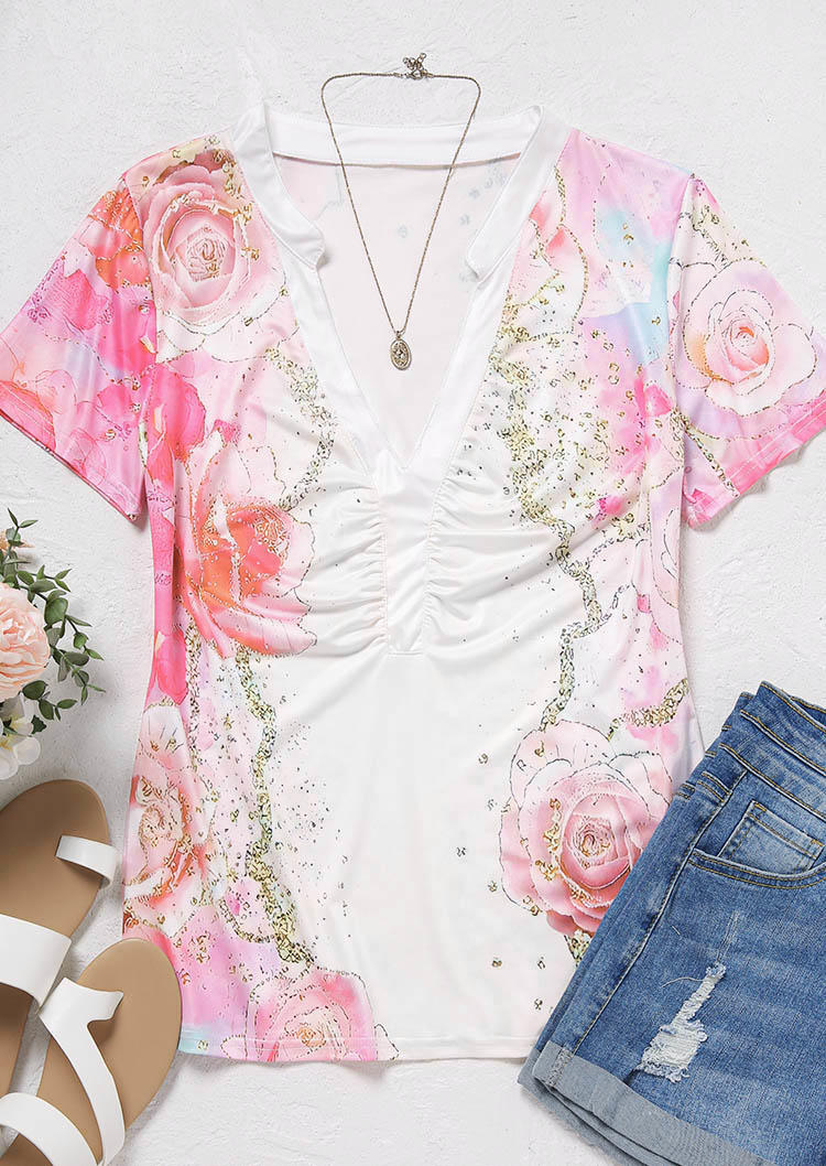 Floral Notched Neck Blouse - Pink