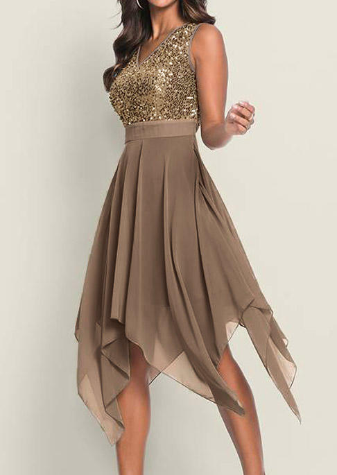 

Midi Dresses Glitter Mesh Splicing Sleeveless V-Neck Midi Dress - Dark Khaki in Khaki. Size: L,M,,XL