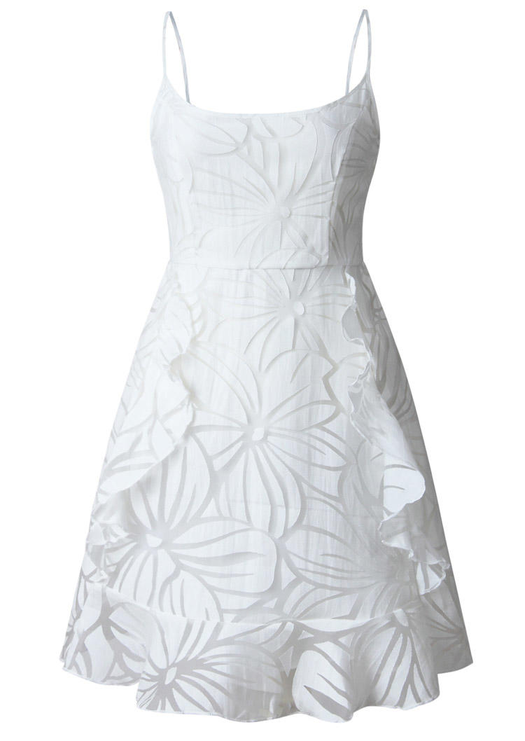 Floral Ruffled Spaghetti Strap Mini Dress - White