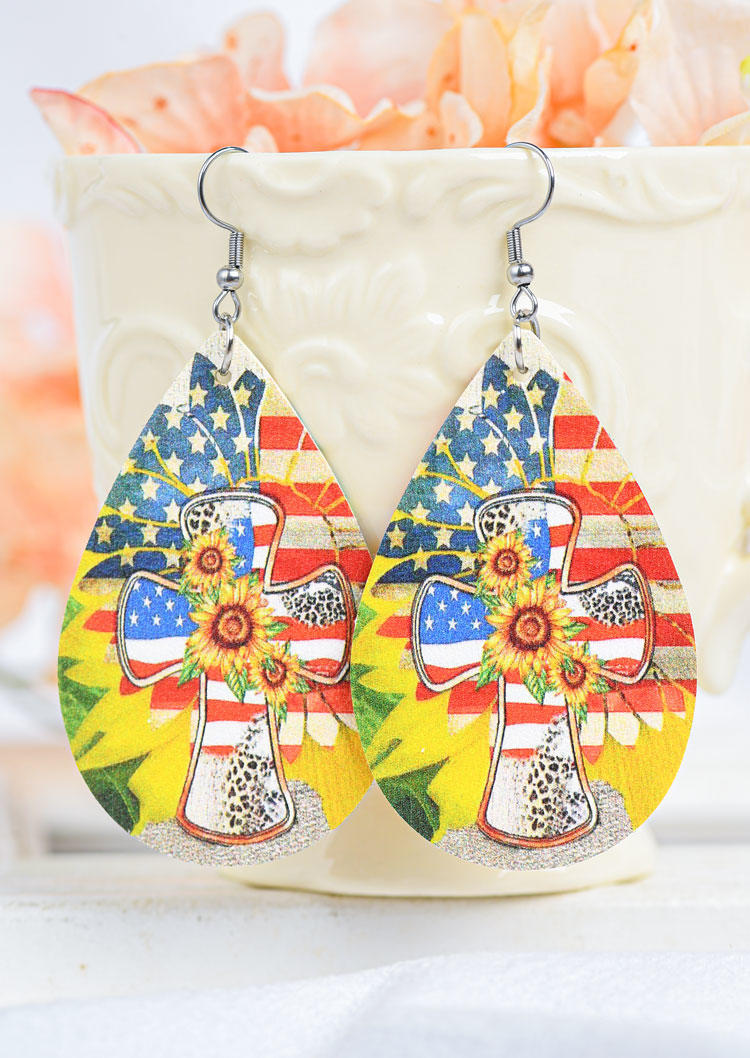 

Earrings American Flag Cross Sunflower Leopard Water Drop Earrings in Multicolor. Size