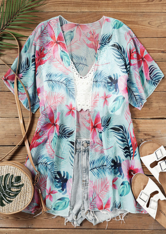 

Cardigans Floral Palm Leaf Open Front Cardigan in Multicolor. Size