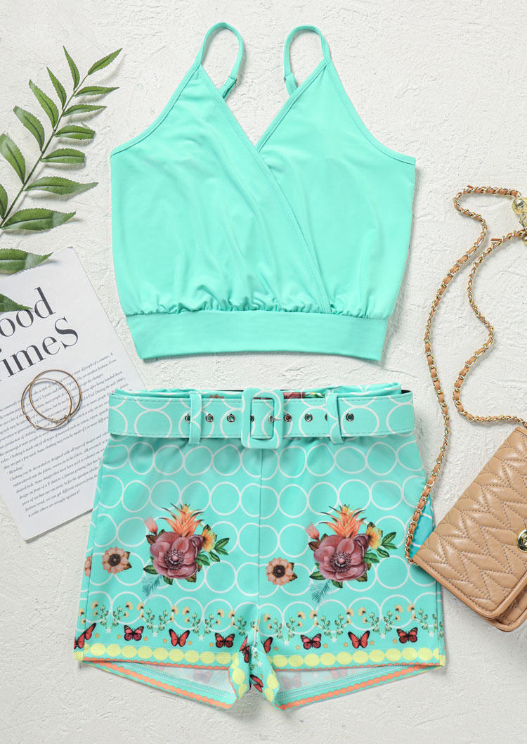 Wrap V-Neck Camisole And Floral Shorts Two-Piece Set with Belt - Light Green