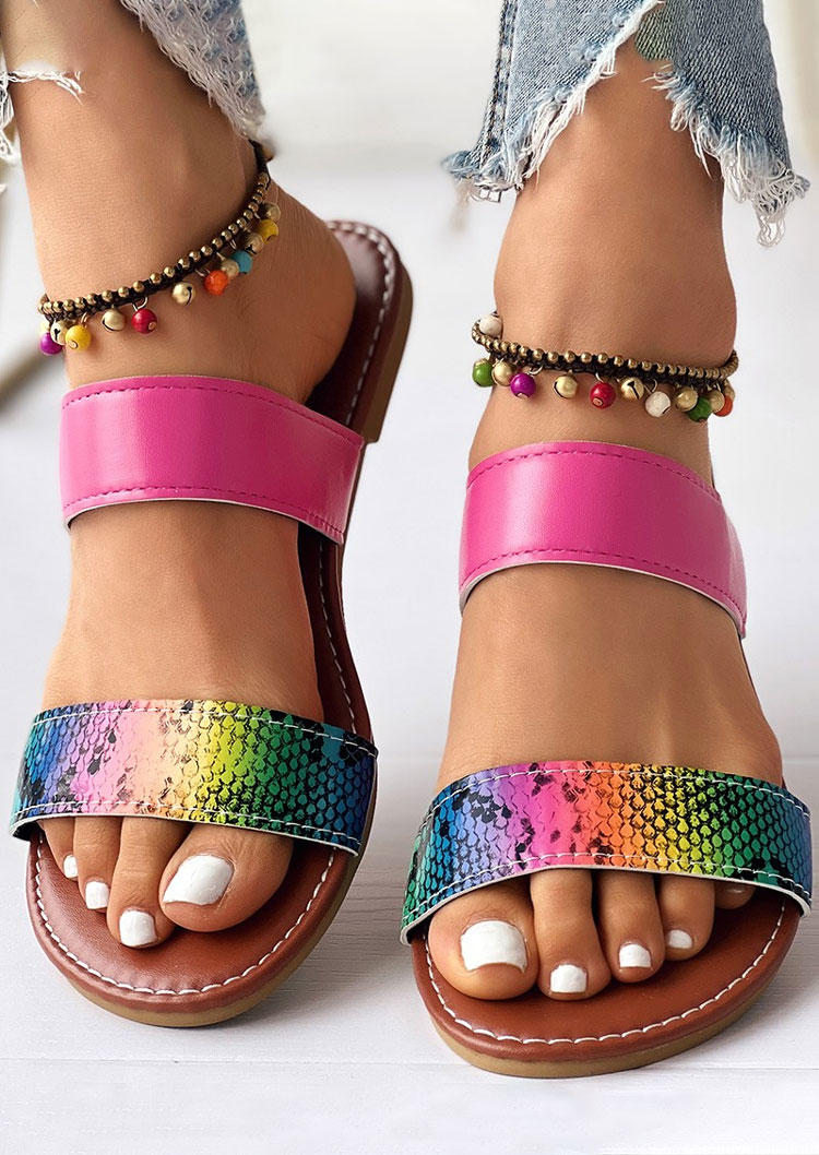 Colorful Snake Skin Flat Slippers - Rose Red