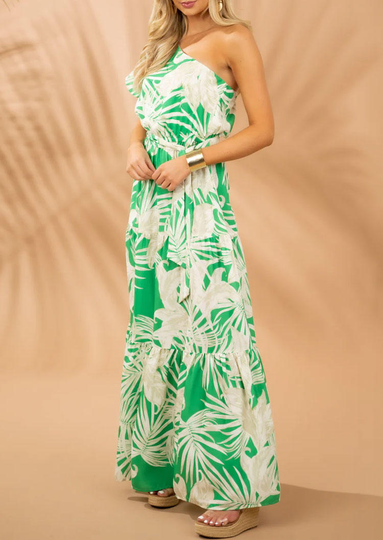 

Maxi Dresses Leaf Ruffled One Sided Cold Shoulder Maxi Dress with Belt in Green. Size: L,M,,XL