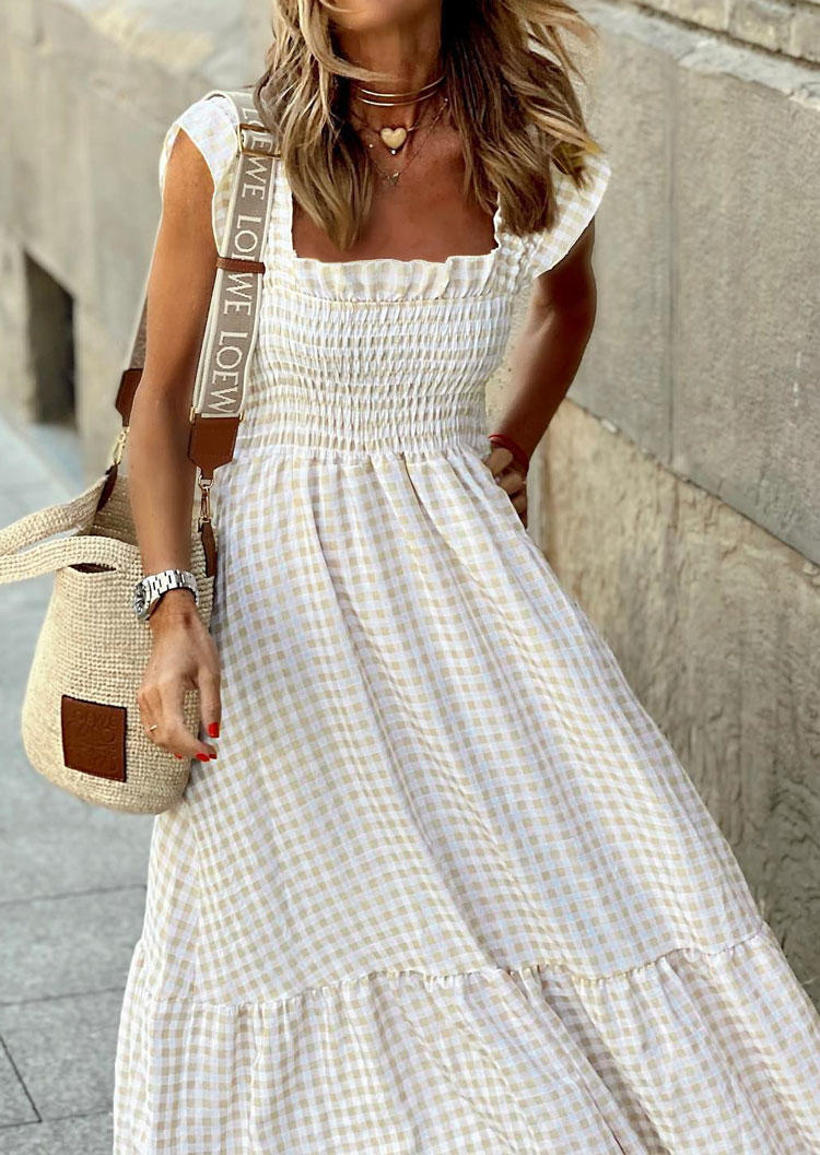 

Maxi Dresses Plaid Ruffled Smocked Maxi Dress in Khaki. Size