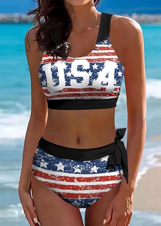 USA American Flag Hollow Out Tie Bikini Set