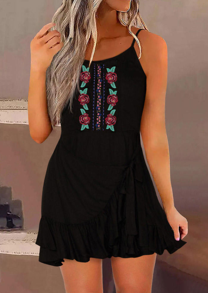Floral Embroidered Ruffled Spaghetti Strap Mini Dress - Black