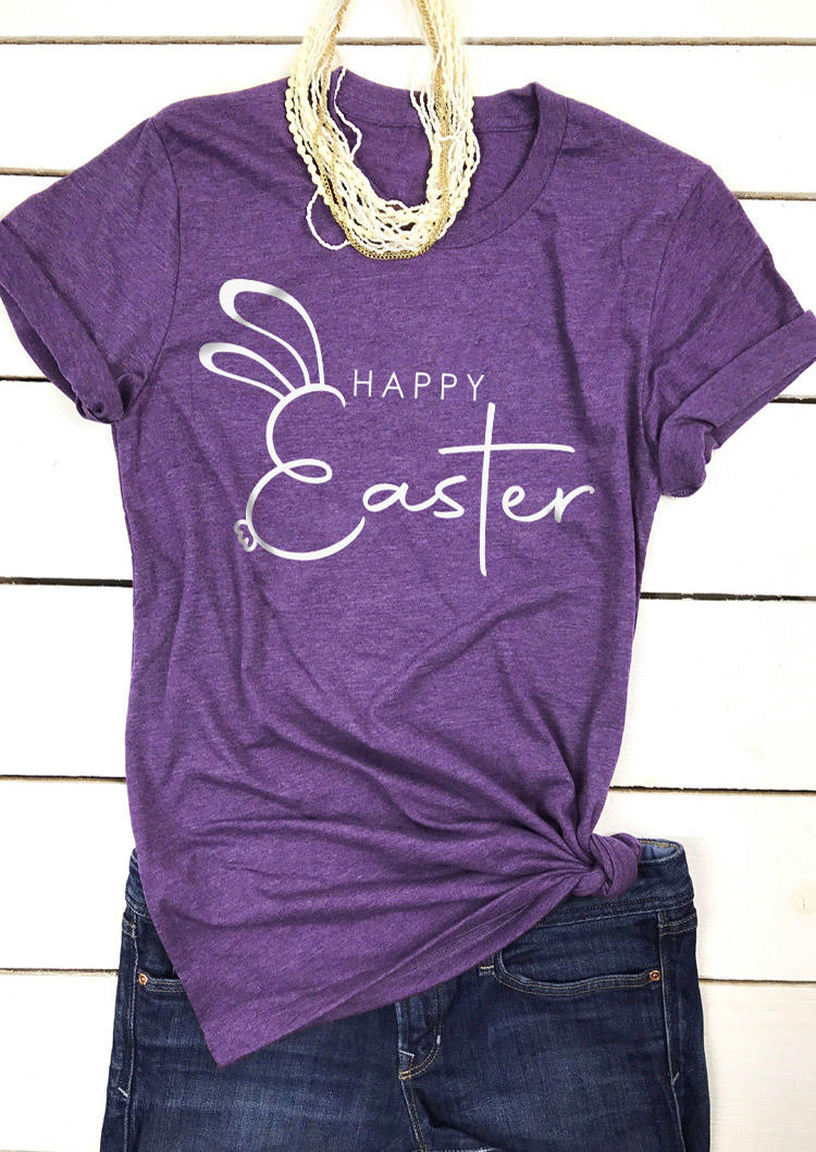 

T-shirts Tees Happy Easter Rabbit O-Neck T-Shirt Tee in Purple. Size: L,M