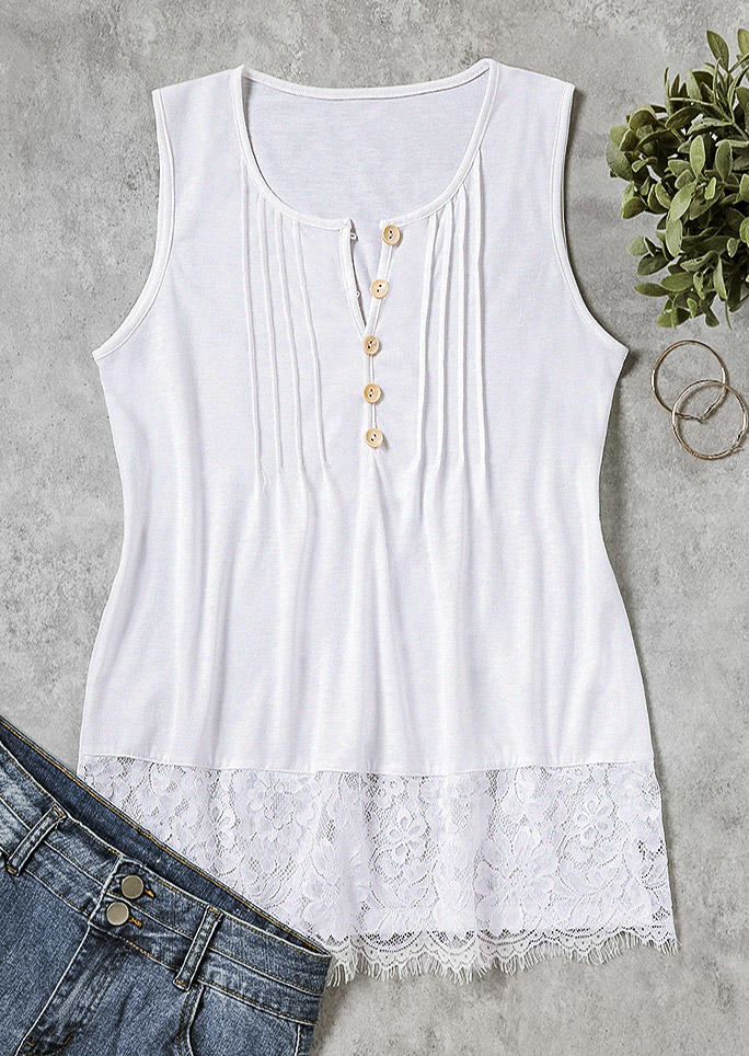 

Tank Tops Lace Splicing Ruffled Button Tank Top in White. Size: L,M