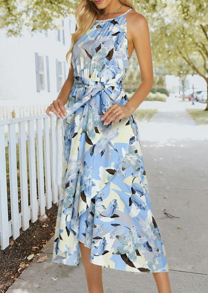 

Midi Dresses Floral Wrap Tie Sleeveless Midi Dress in Blue. Size