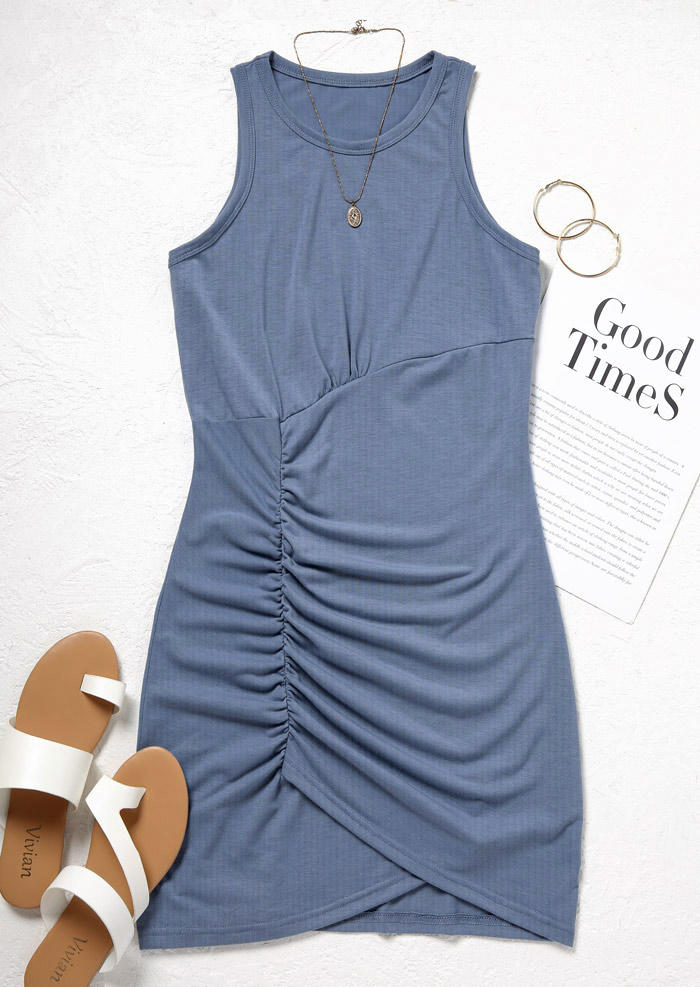 

Bodycon Dresses Ruched Wrap Sleeveless O-Neck Bodycon Dress in Blue. Size