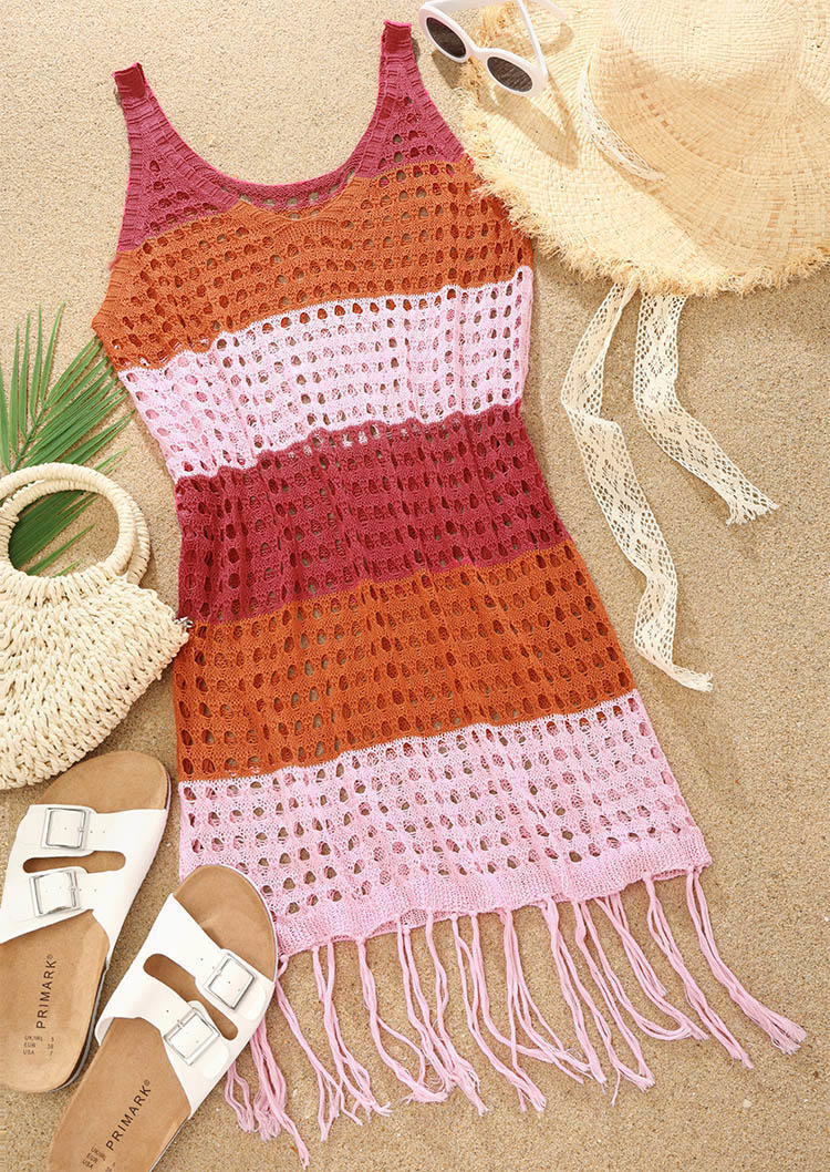 

Cover Ups Color Block Hollow Out Tassel Crocheted Cover Up Dress in Multicolor. Size: L,M