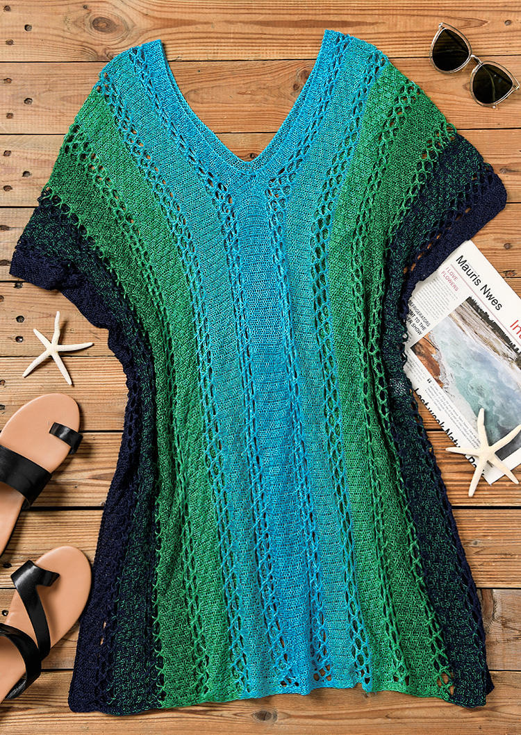 

Cover Ups Color Block Hollow Out Slit Crochet Cover Up Dress in Blue. Size