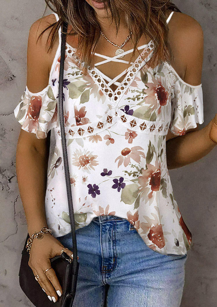 

Blouses Floral Lace Criss-Cross Cold Shoulder Blouse in Multicolor. Size: M