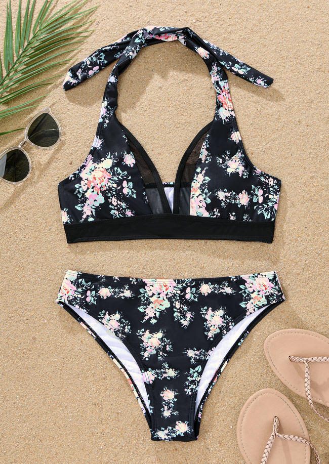 

Bikini Sets Floral Mesh Splicing Halter Bikini Set in Black. Size: L,M,,XL