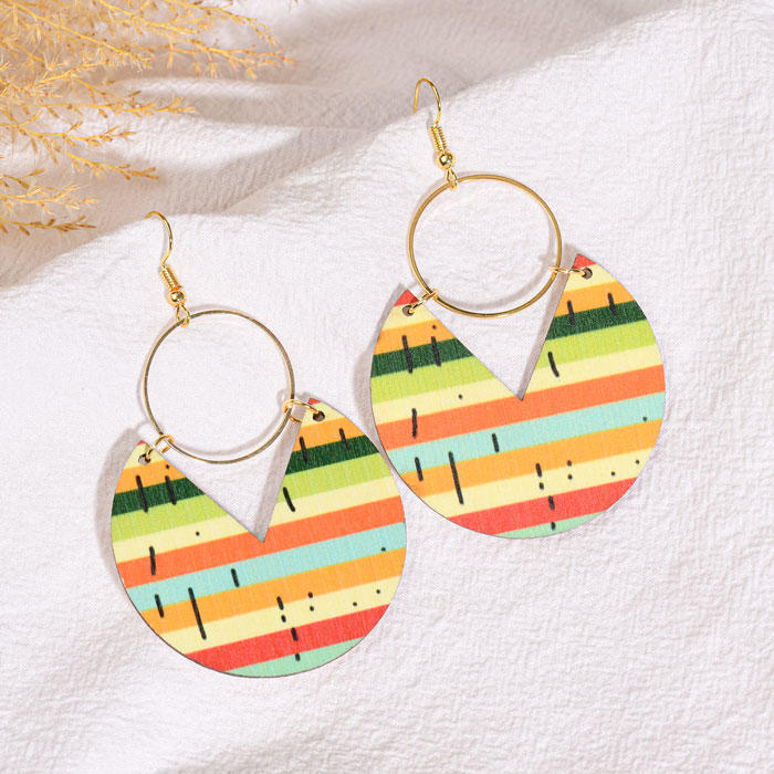 Colorful Striped Wooden Pendant Earrings