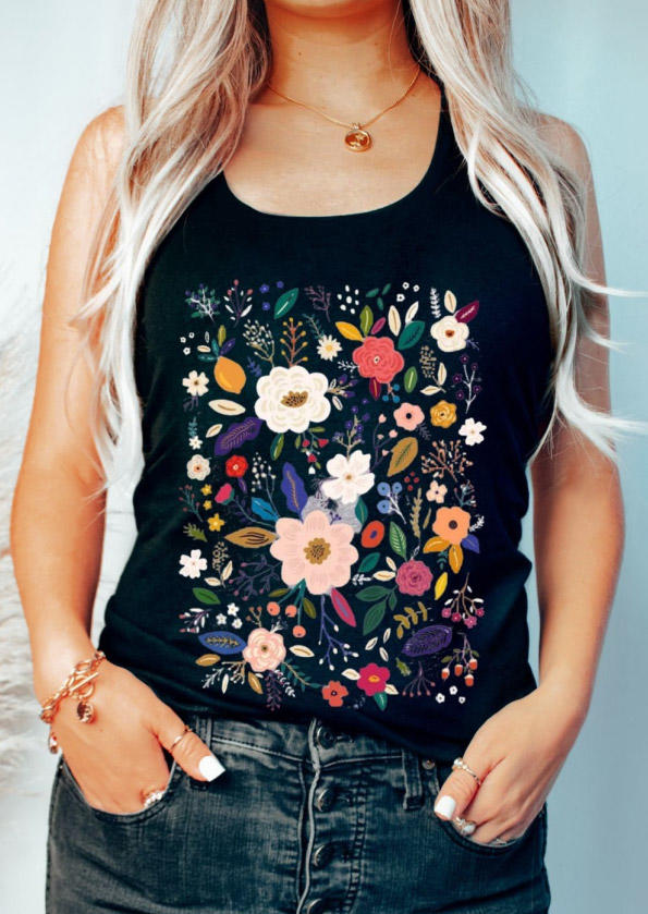 

Tank Tops Floral Leaf O-Neck Racerback Tank Top in Black. Size