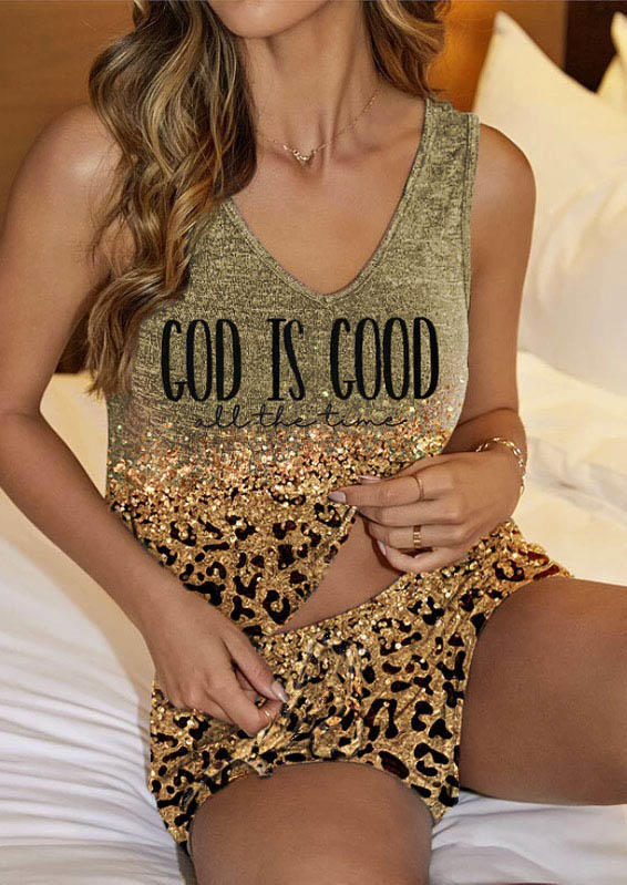 

Sleepwear God Is Good All The Time Leopard Pajamas Set in Multicolor. Size: L,M,,XL