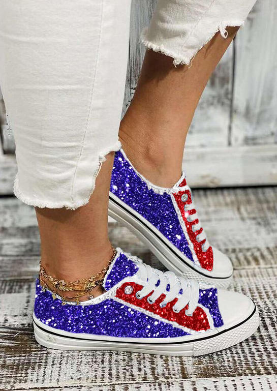 

Sneakers Glitter Color Block Lace Up Round Toe Flat Sneakers in Multicolor. Size: ,38,39,40,41