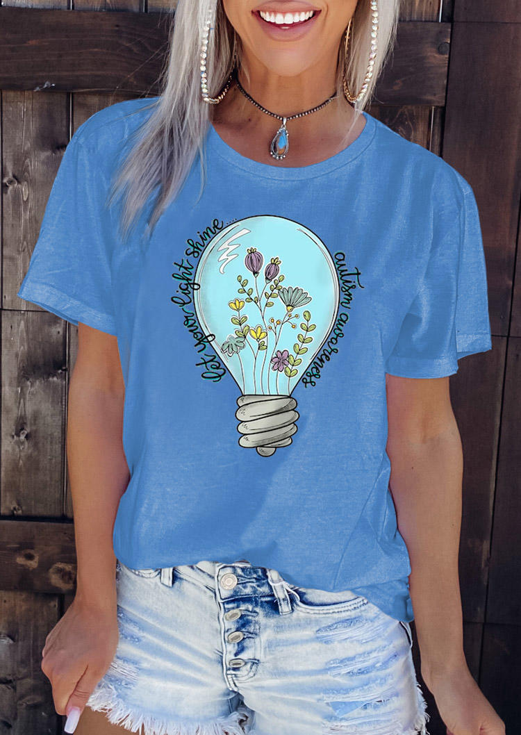 

T-shirts Tees Let Your Light Shine Autism Awareness O-Neck T-Shirt Tee in Blue. Size: L,M,,XL