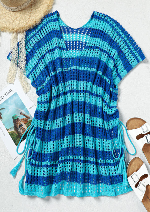 

Cover Ups Hollow Out Drawstring Tie Slit Crochet Cover Up Dress in Blue. Size
