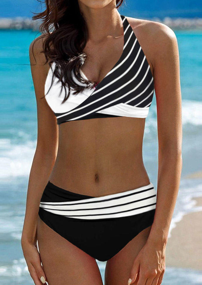Striped Color Block Halter Tie Bikini Set - Black