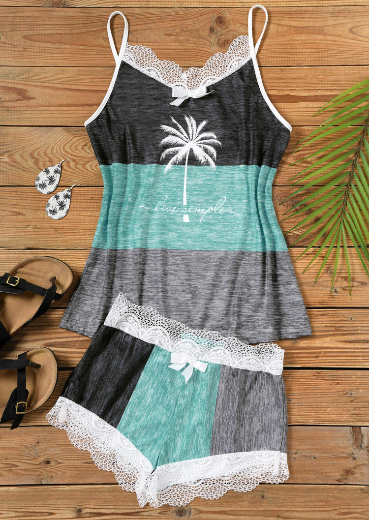 

Sleepwear Color Block Coconut Tree Lace Splicing Camisole And Shorts Pajamas Set in Multicolor. Size