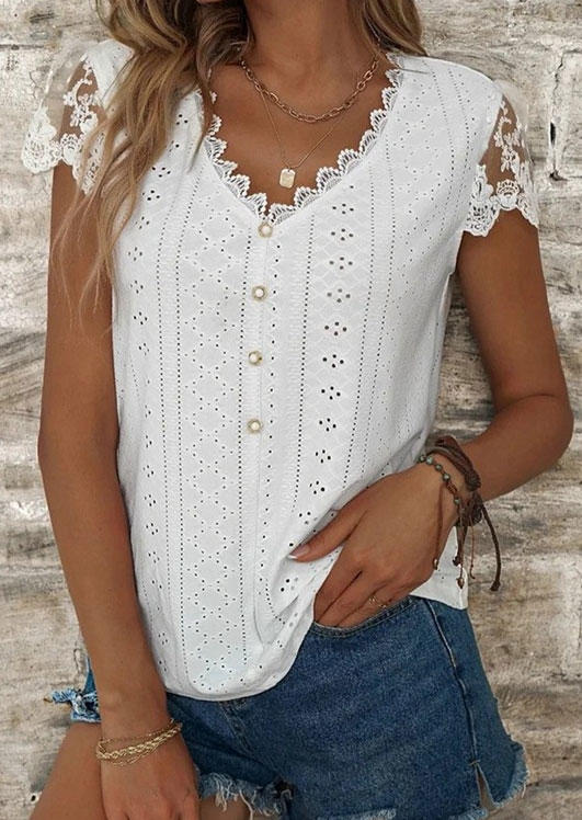 

Blouses Hollow Out Lace V-Neck Blouse in White. Size: M