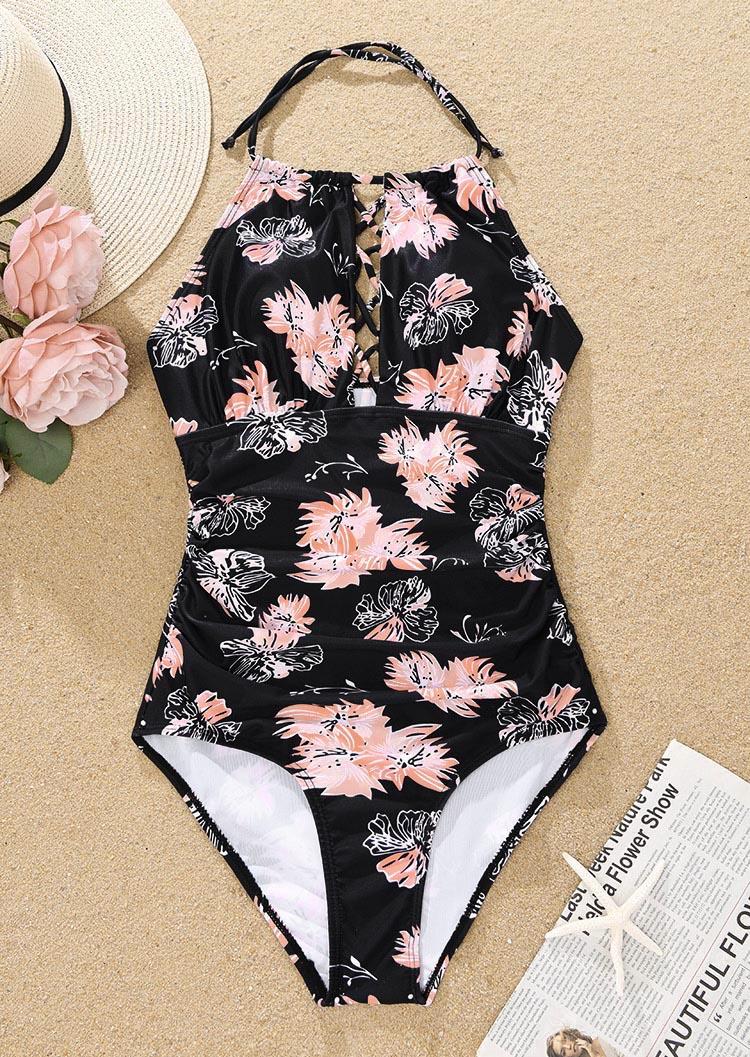 

One-Pieces Swimsuit Floral Criss-Cross Tie Halter One-Piece Bathing Suit Swimwear in Black. Size