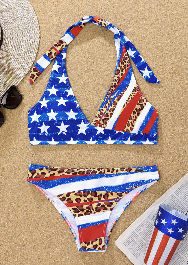 

Bikini Sets Leopard American Flag Halter Bikini Set in Multicolor. Size: ,XL