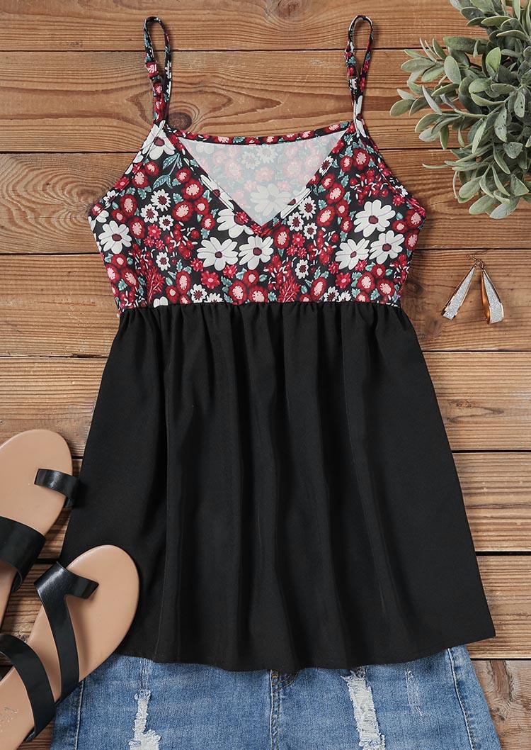 

Tank Tops Floral Ruffled V-Neck Camisole in Black. Size: L,M,,XL