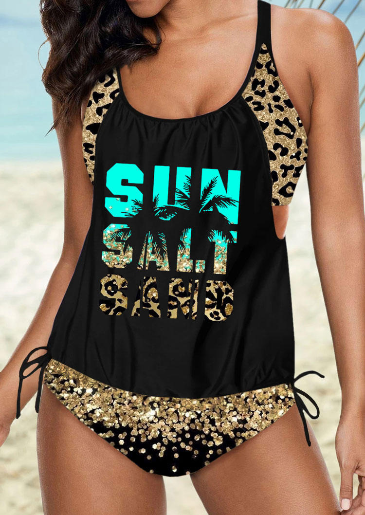Sun Salt Sand Coconut Tree Leopard Glitter Tankini Set - Black