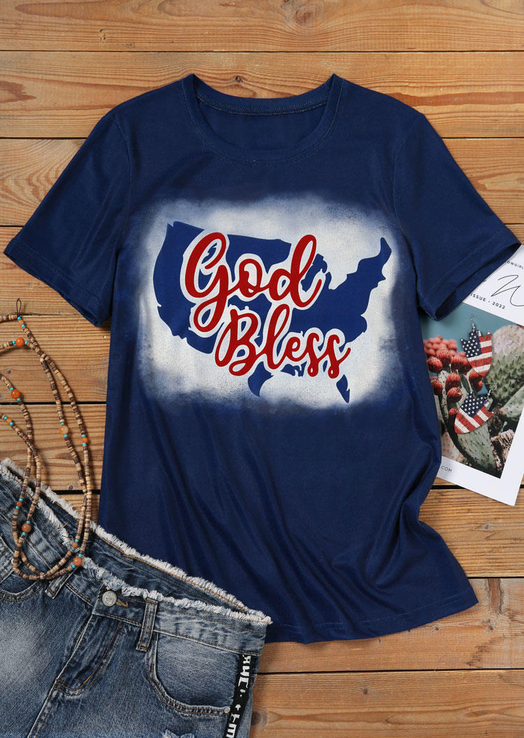 

T-shirts Tees God Bless Bleached O-Neck T-Shirt Tee - Navy Blue in Blue. Size