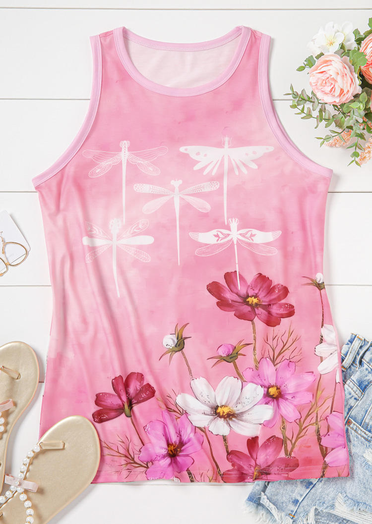 

Tank Tops Dragonfly Floral O-Neck Tank Top in Pink. Size: L