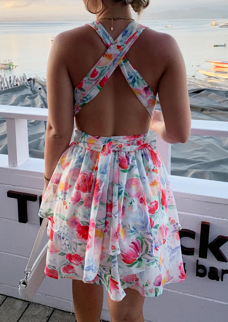 Floral Open Back Tie Layered Mini Dress
