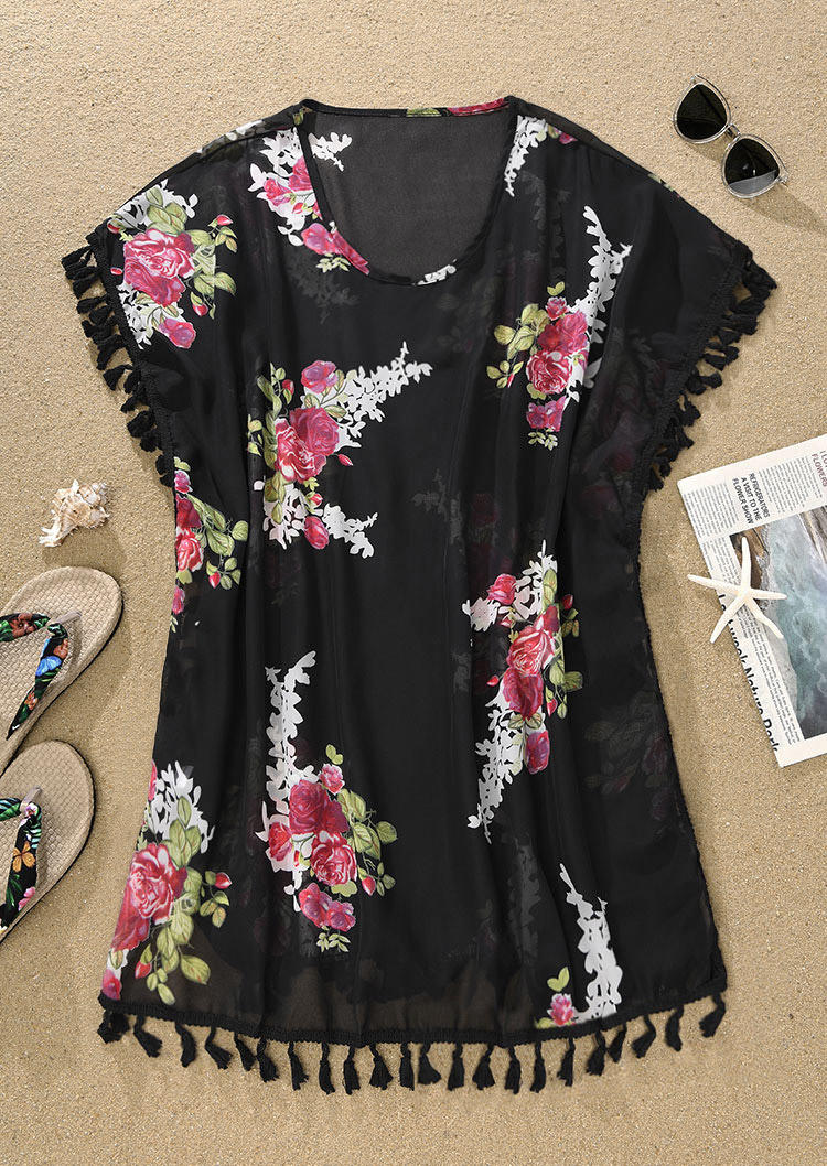 

Cover Ups Floral Tassel O-Neck Cover Up Dress in Multicolor. Size