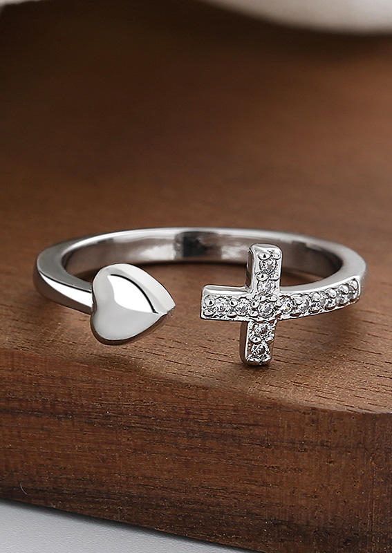 

Rings Rhinestone Cross Heart Open Alloy Ring in Silver. Size