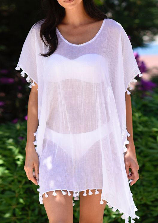 

Cover Ups Tassel Batwing Sleeve O-Neck Cover Up in White. Size