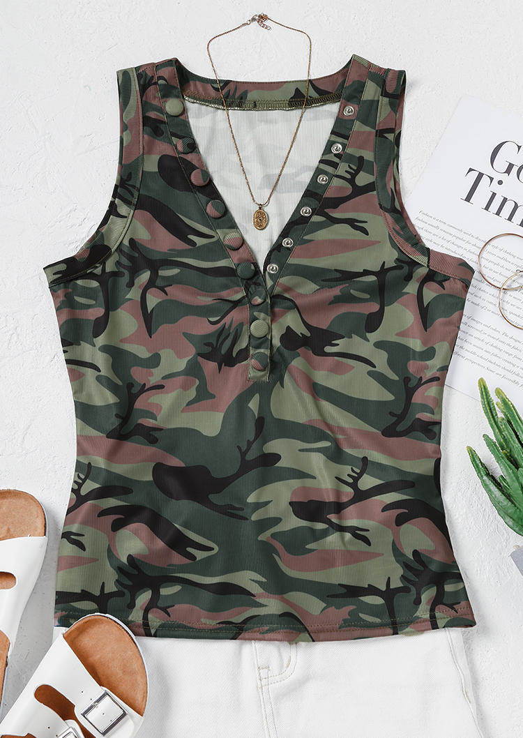 

Tank Tops Camouflage Snap Button V-Neck Tank Top in Multicolor. Size