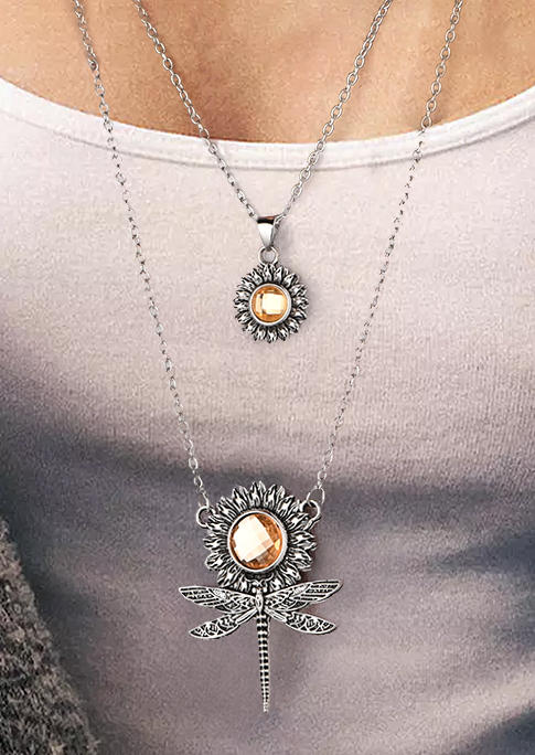 

Necklaces Sunflower Dragonfly Dual-Layered Pendant Necklace in Silver. Size