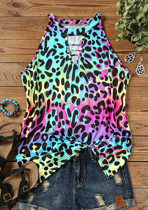 

Tank Tops Leopard Hollow Out Tank Top in Multicolor. Size: ,XL