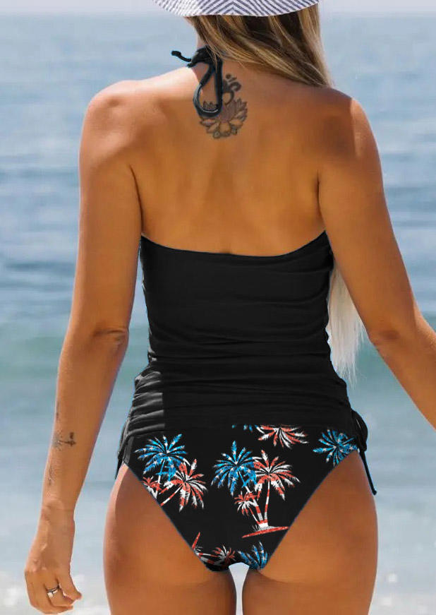 

Tankinis Coconut Tree Drawstring Halter Tie Tankini Set in Black. Size: M