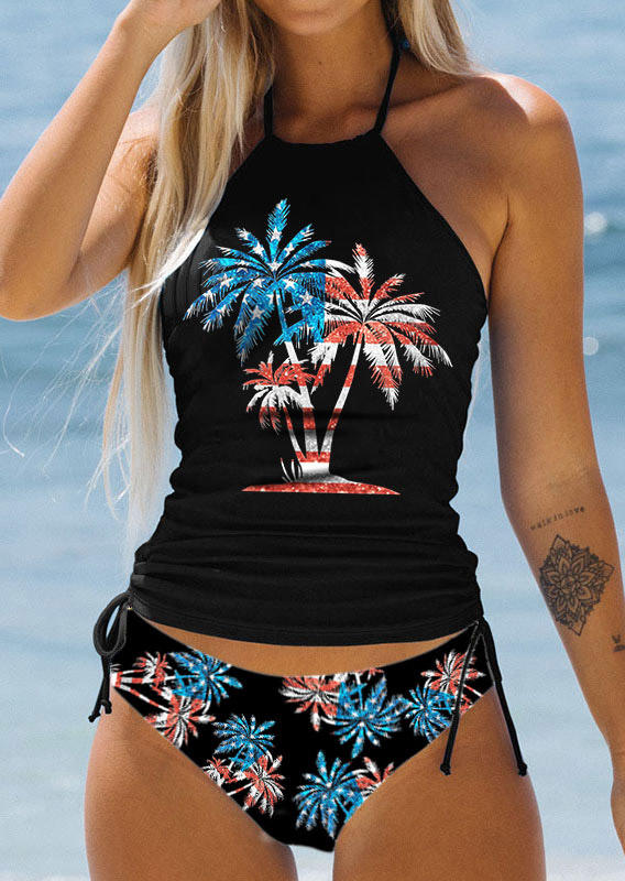 Coconut Tree Drawstring Halter Tie Tankini Set - Black