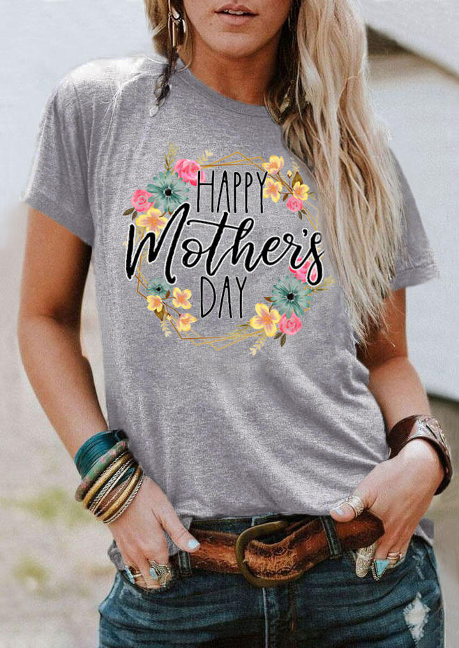 

T-shirts Tees Floral Happy Mother' Day O-Neck T-Shirt Tee in Gray. Size: L,M,,XL
