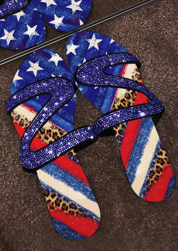 

Slippers American Flag Leopard Rhinestone Flat Slippers in Multicolor. Size: ,38,39,40,41