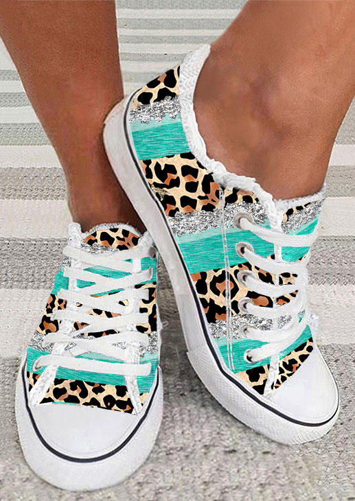 Glitter Leopard Lace Up Round Toe Flat Sneakers